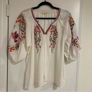 Luna Moon Bohemian Embroidered Tassel Tie Puff Sleeve Top Colorful Sz Medium